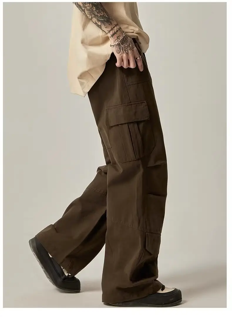 Men's Brown Cargo Pants High Street Loose Fit Large Flap Pocket — feature 7