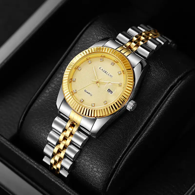 Casaro Women's Gold Silver Quartz Watch with Diamond Calendar