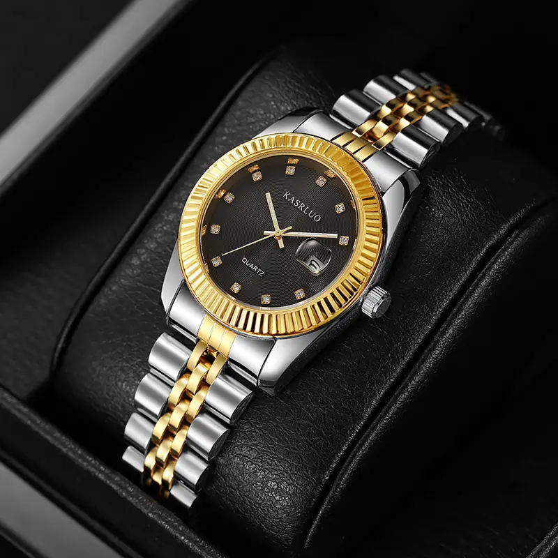 Casaro Women's Gold Silver Quartz Watch with Diamond Calendar
