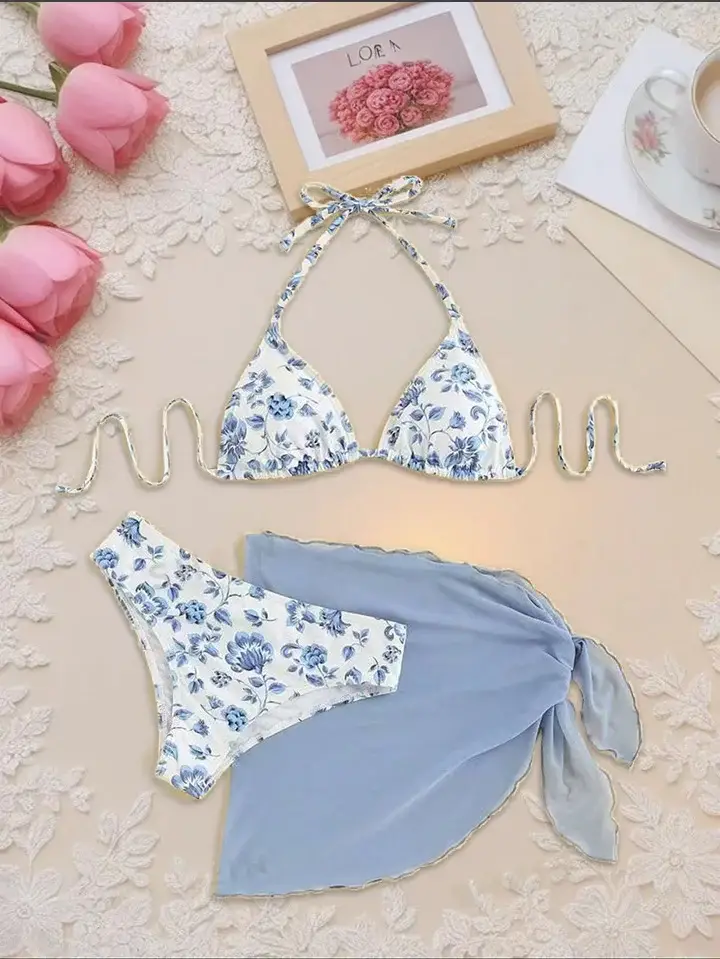 2024 Split Bikini Set for Women Blue Lace-up Swimsuit — feature 3