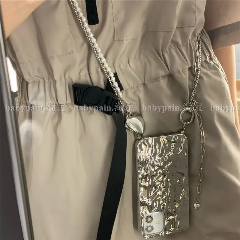 Double Layer Chain Love Pendant Phone Case with Pearl Lanyard - Image 2