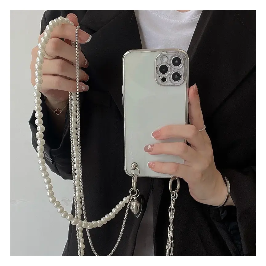 Double Layer Chain Love Pendant Phone Case with Pearl Lanyard - Image 3