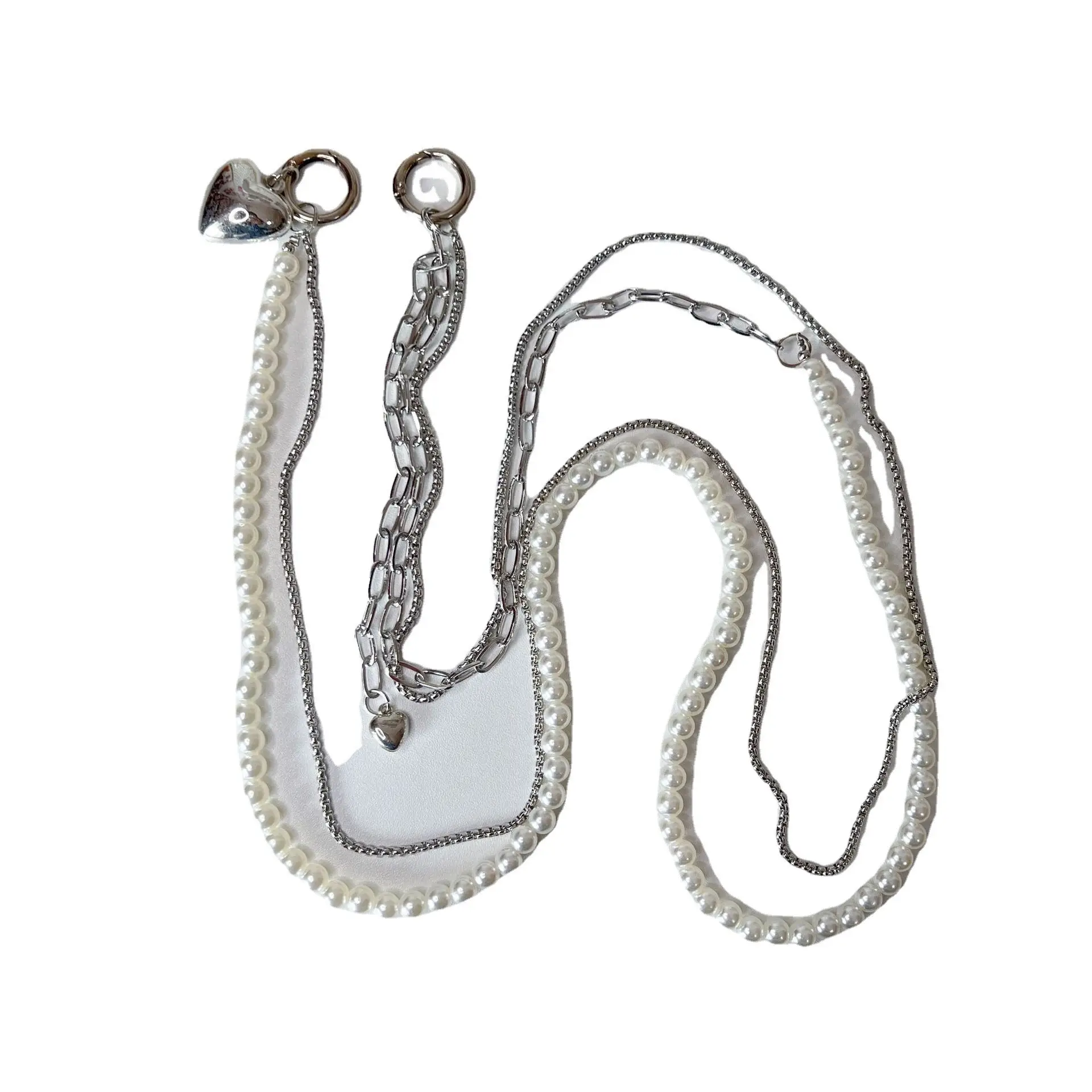 Double Layer Chain Love Pendant Phone Case with Pearl Lanyard - Image 5