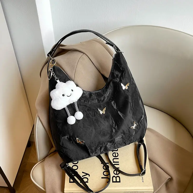 Silver Butterfly Shoulder Bag with Pom Pom Charm - Image 13