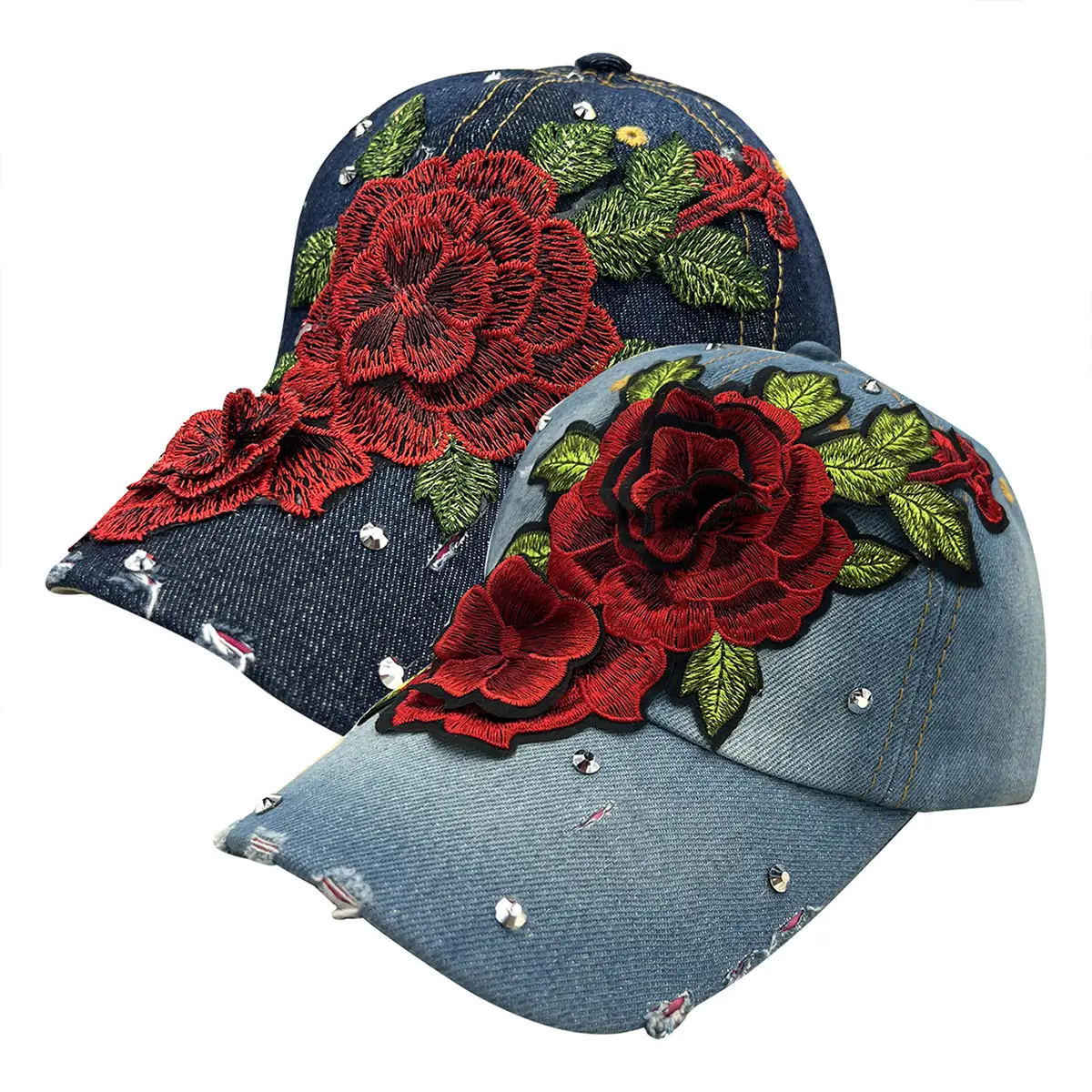New Men's Denim Rose Cap with Red Embroidered Flower & Diamond Accents - Image 3