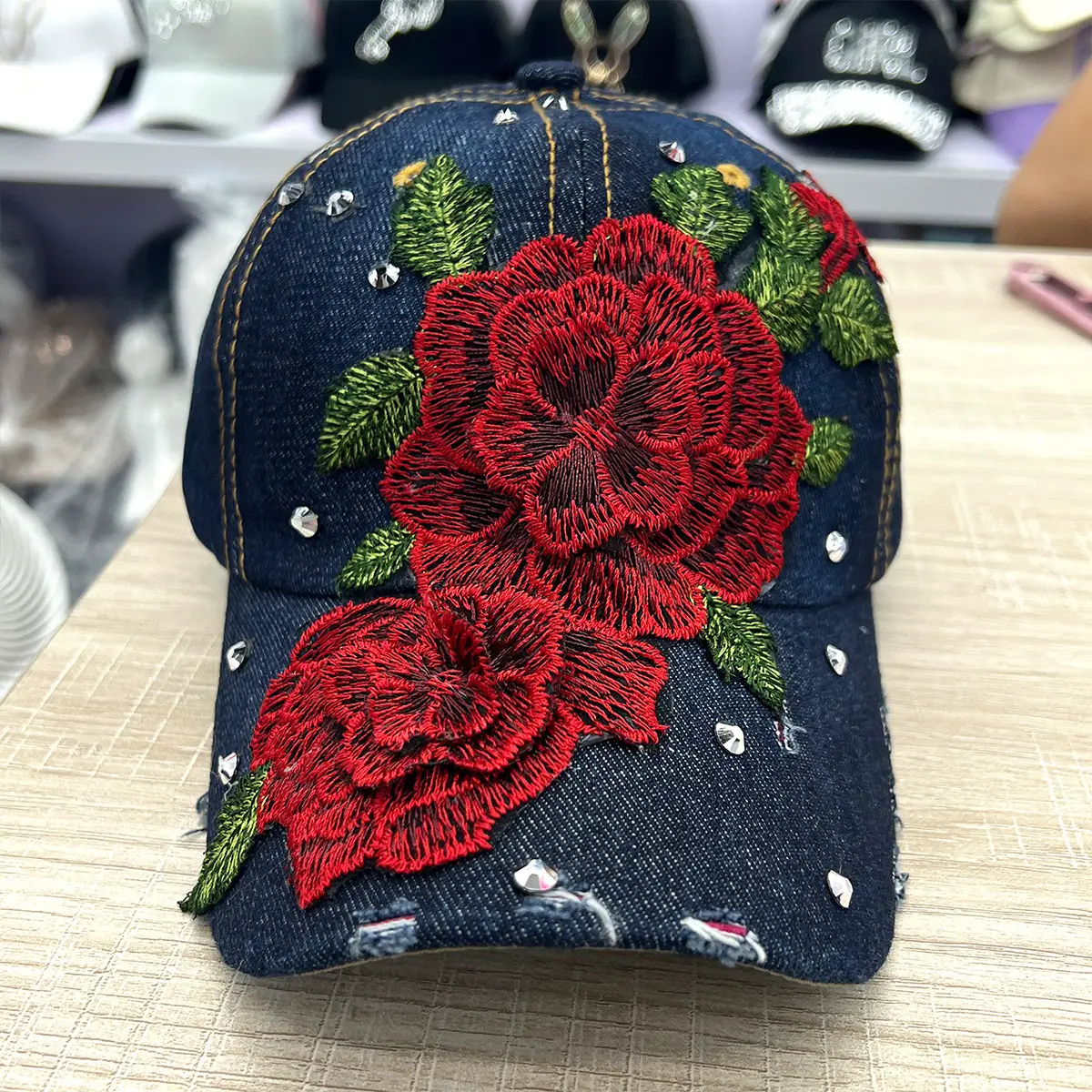 New Men's Denim Rose Cap with Red Embroidered Flower & Diamond Accents - Image 5