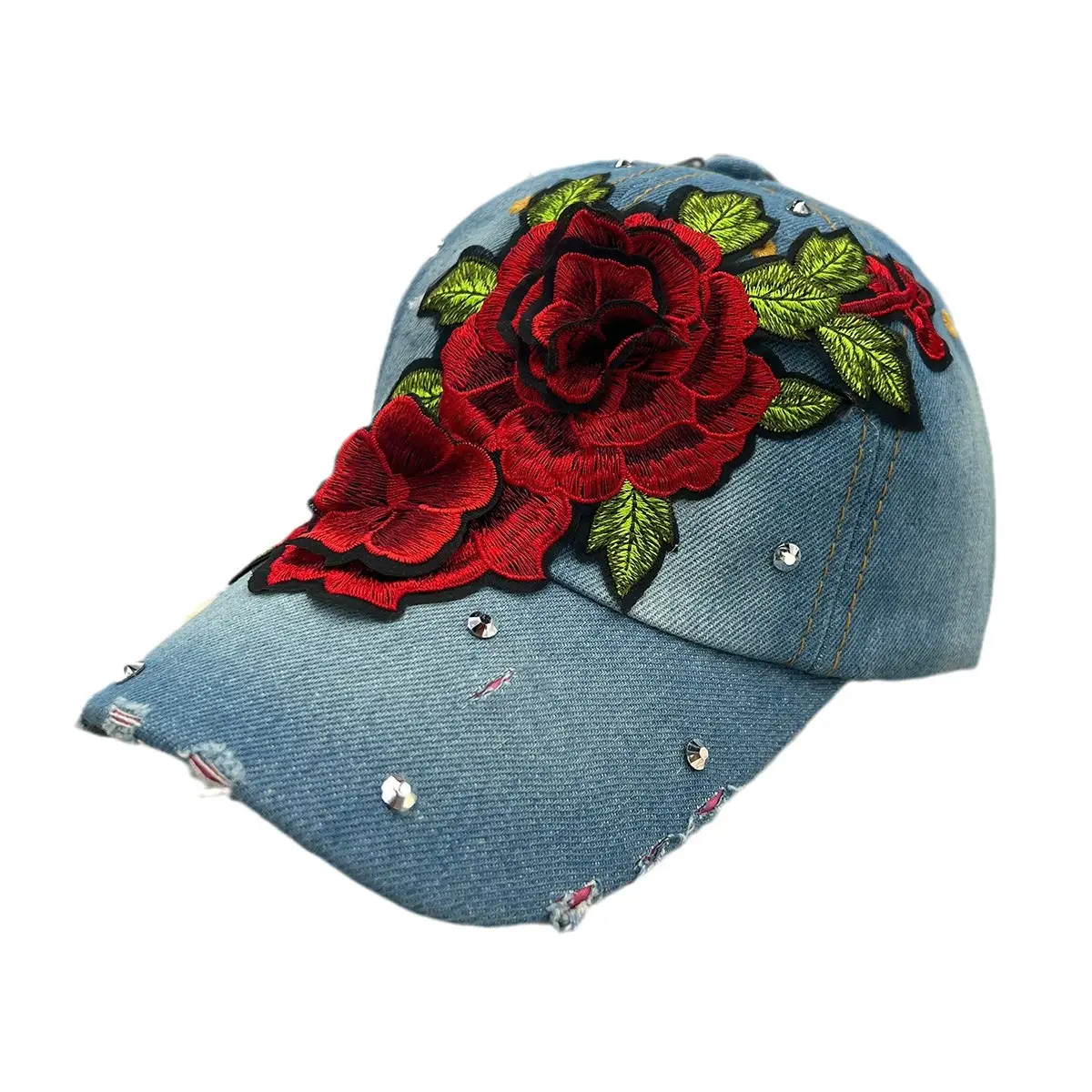 New Men's Denim Rose Cap with Red Embroidered Flower & Diamond Accents - Image 6