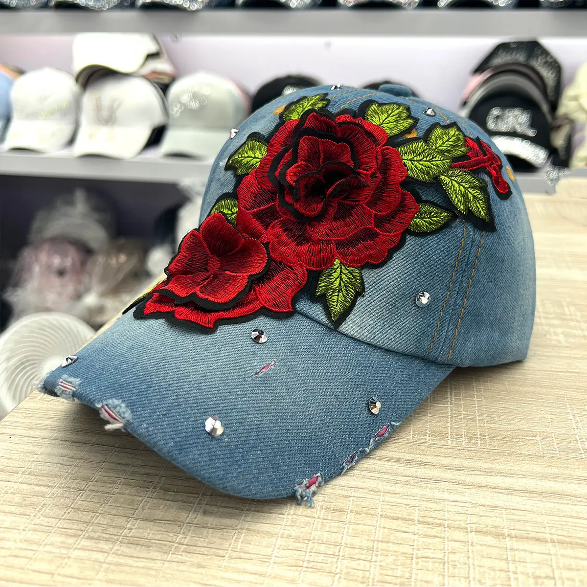 New Men's Denim Rose Cap with Red Embroidered Flower & Diamond Accents - Image 2