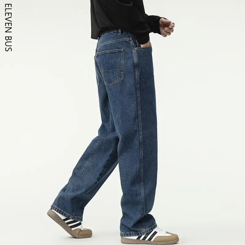 New Dark Blue American Retro Washed Jeans Men's Straight Wide-Leg