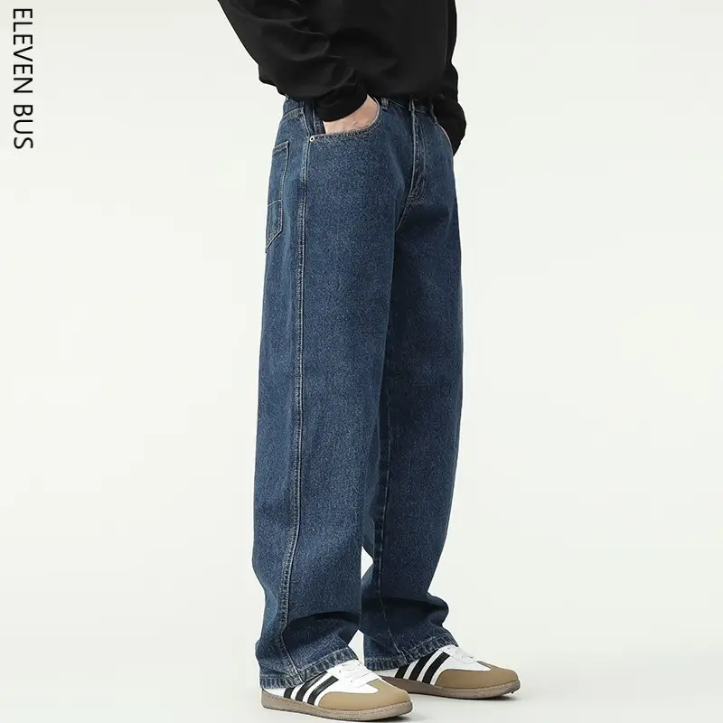 New Dark Blue American Retro Washed Jeans Men's Straight Wide-Leg