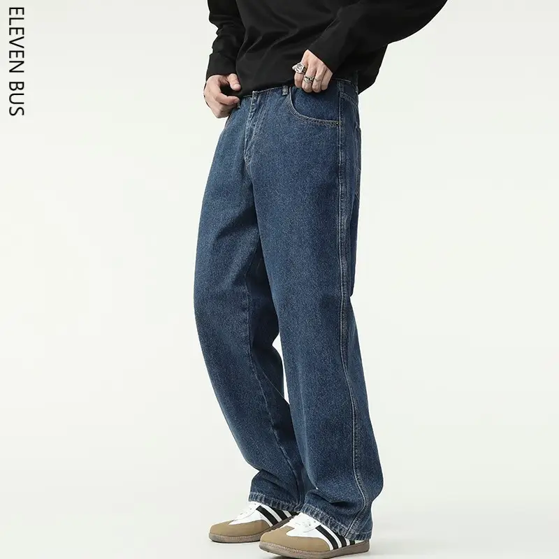 New Dark Blue American Retro Washed Jeans Men's Straight Wide-Leg