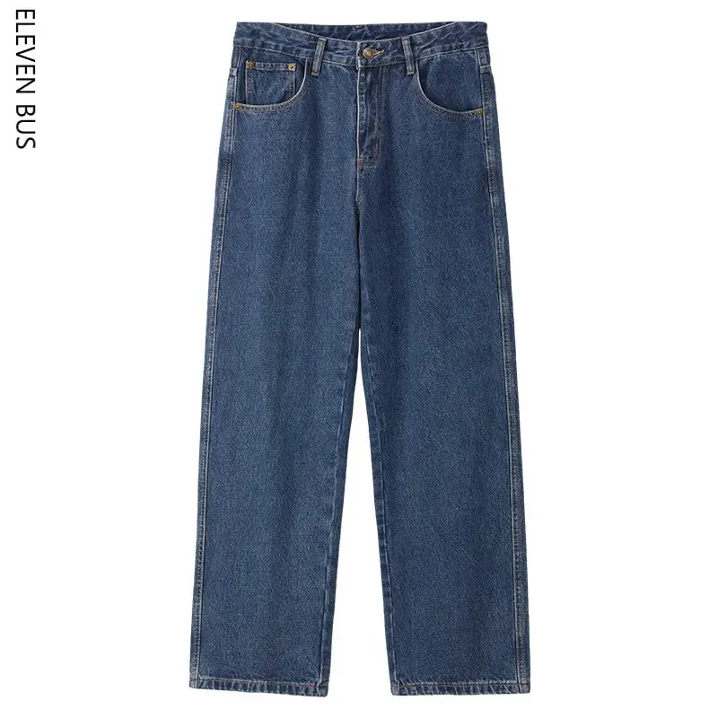 New Dark Blue American Retro Washed Jeans Men's Straight Wide-Leg