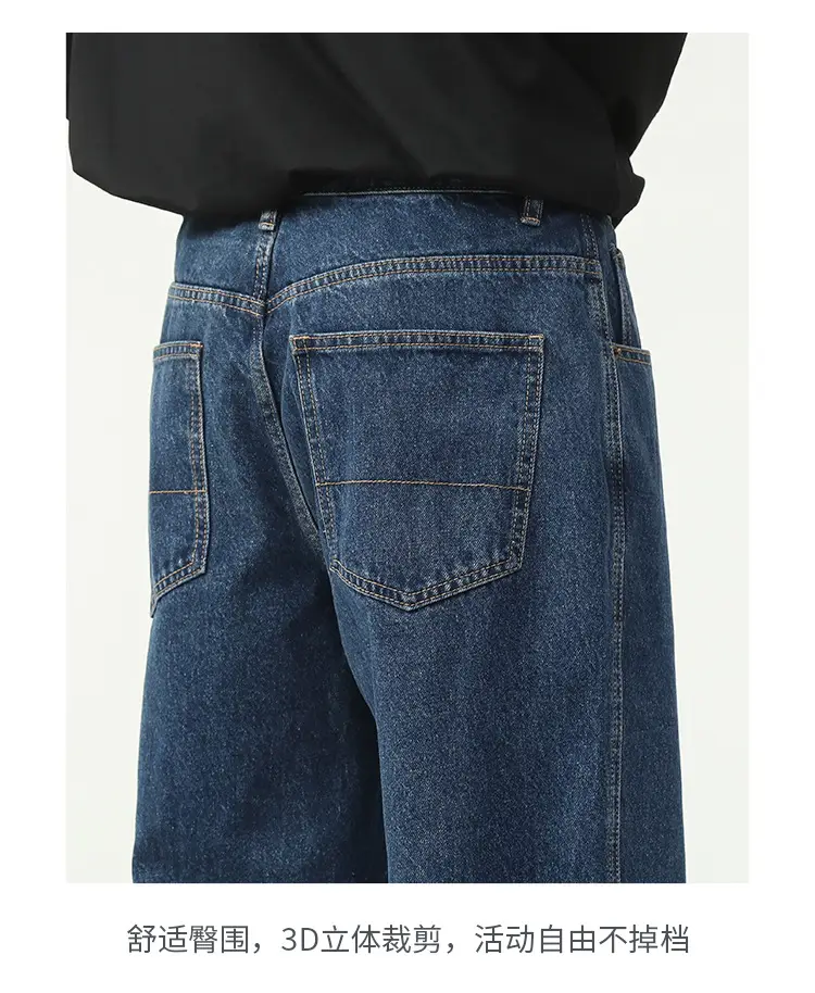 New Dark Blue American Retro Washed Jeans Men's Straight Wide-Leg — feature 10