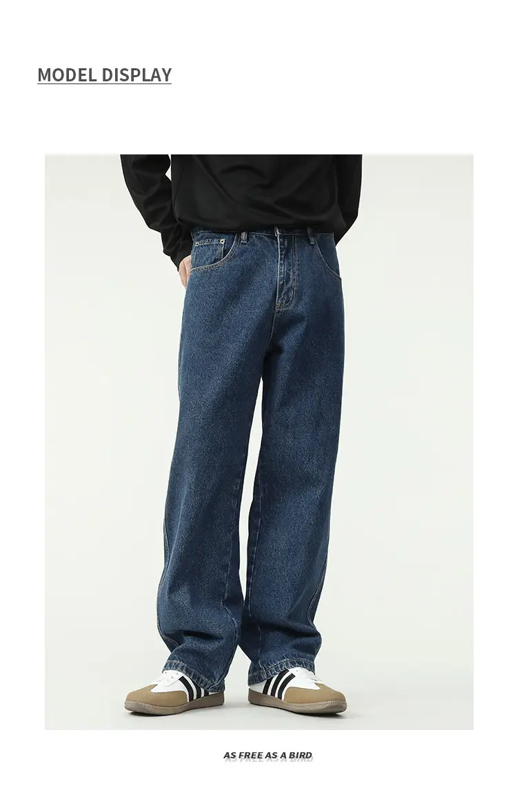 New Dark Blue American Retro Washed Jeans Men's Straight Wide-Leg — feature 12