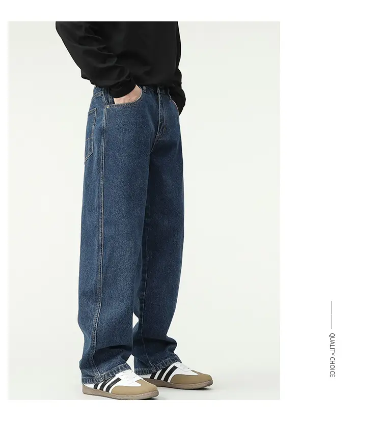 New Dark Blue American Retro Washed Jeans Men's Straight Wide-Leg — feature 13