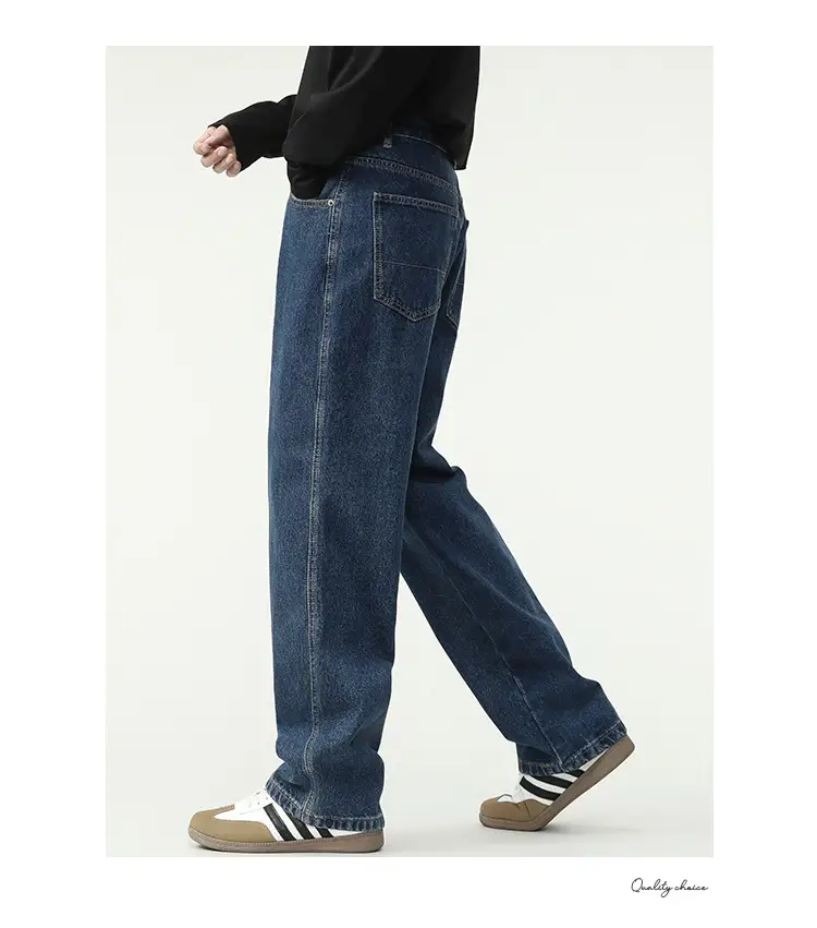New Dark Blue American Retro Washed Jeans Men's Straight Wide-Leg — feature 15