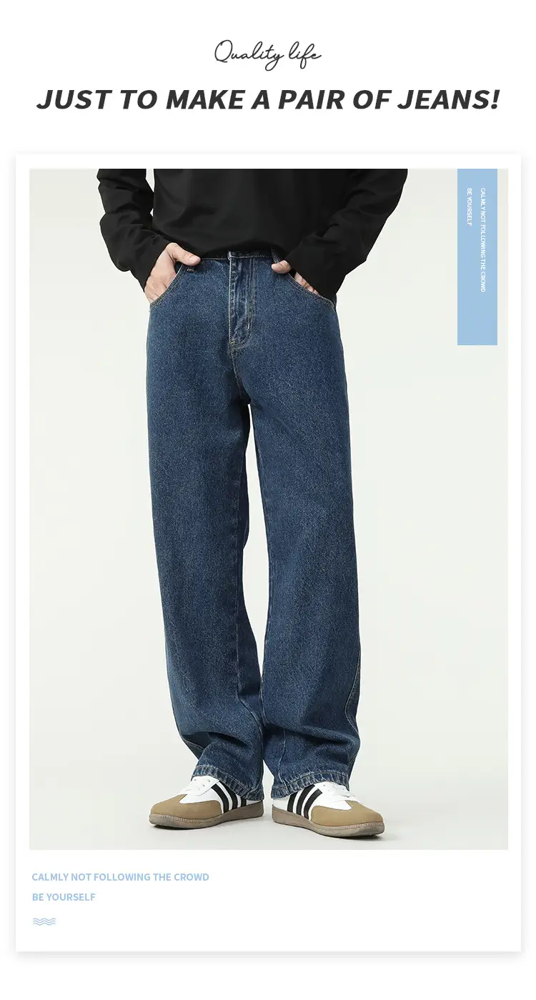 New Dark Blue American Retro Washed Jeans Men's Straight Wide-Leg — feature 4