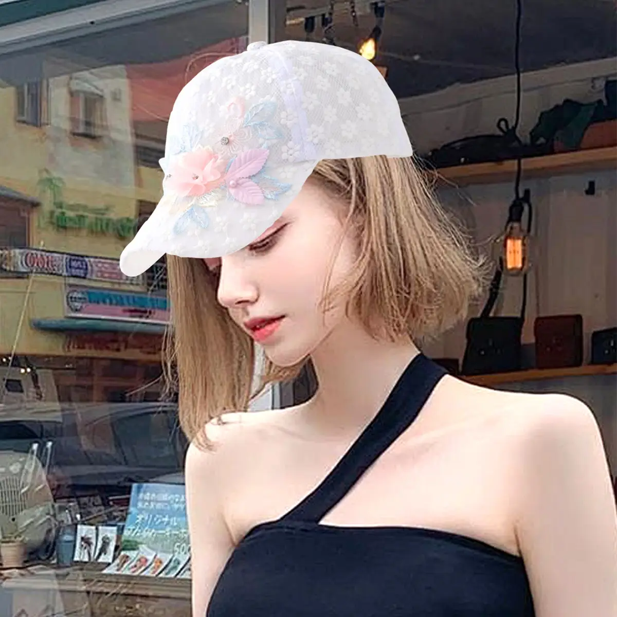 White Pearl Embroidered Baseball Cap for Women — feature 4