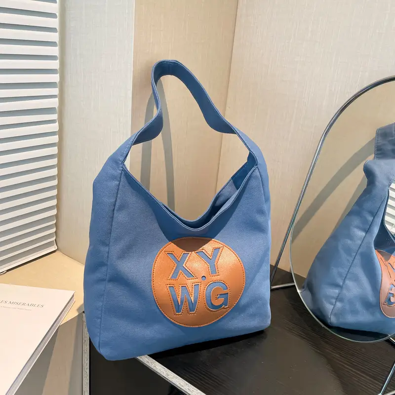 Blue Canvas Shoulder Bag with Logo Embossing - Image 8