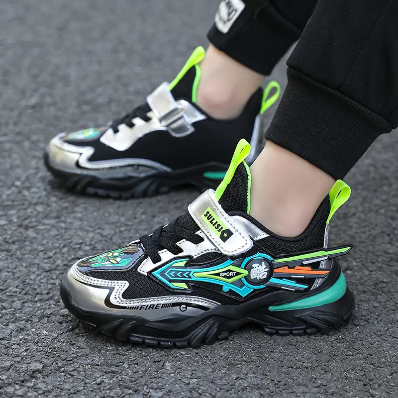 Boys Yellow Black Velcro Running Shoes - Image 9