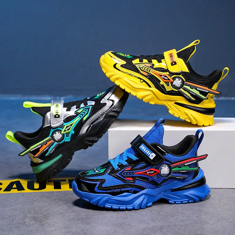 Boys Yellow Black Velcro Running Shoes - Image 10