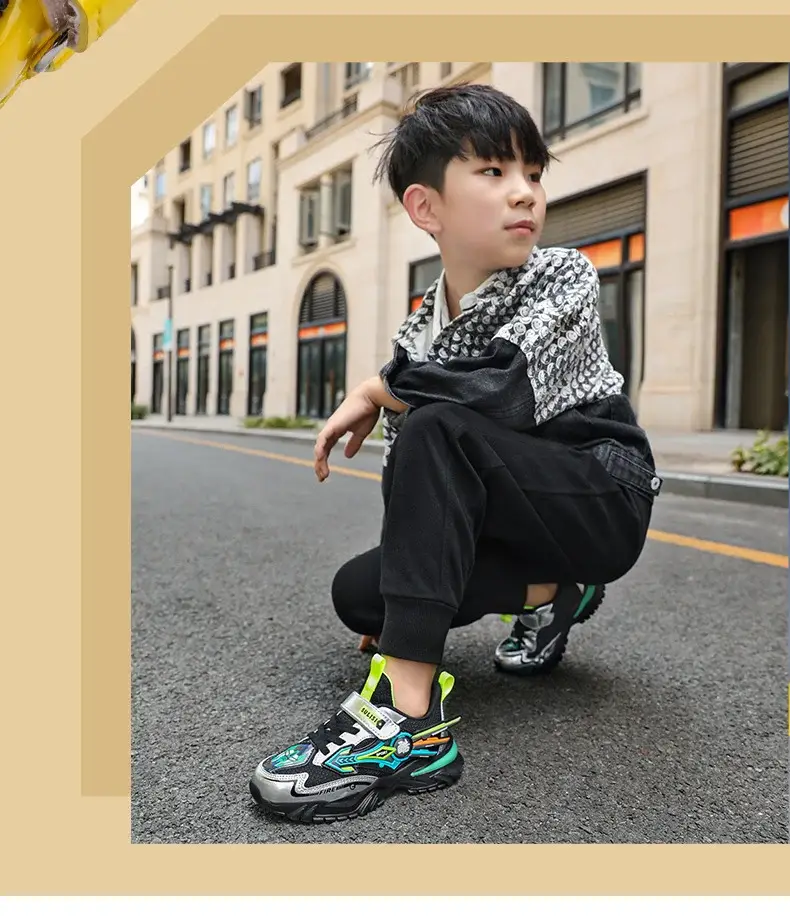 Boys Yellow Black Velcro Running Shoes — feature 3