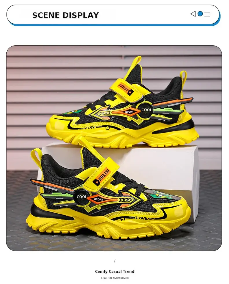 Boys Yellow Black Velcro Running Shoes — feature 5