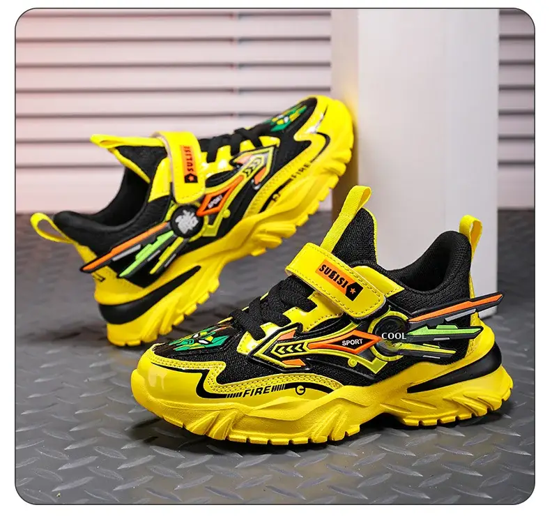 Boys Yellow Black Velcro Running Shoes — feature 6