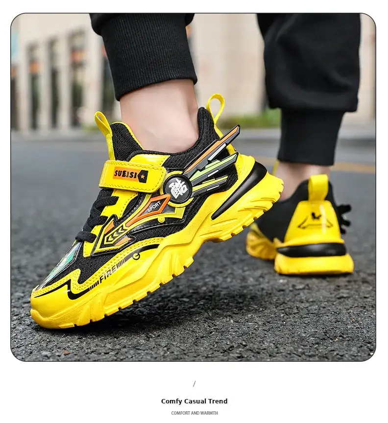 Boys Yellow Black Velcro Running Shoes — feature 8