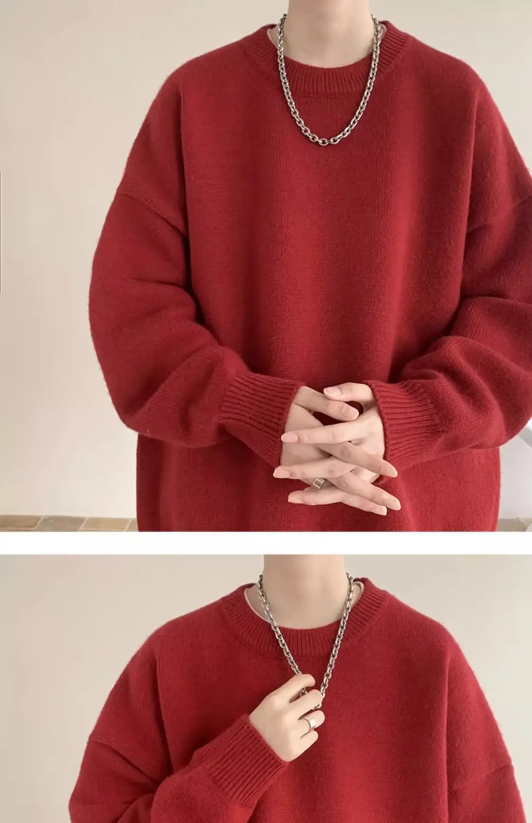 Men Red Loose Fit Crewneck Sweater with Headphones — feature 36