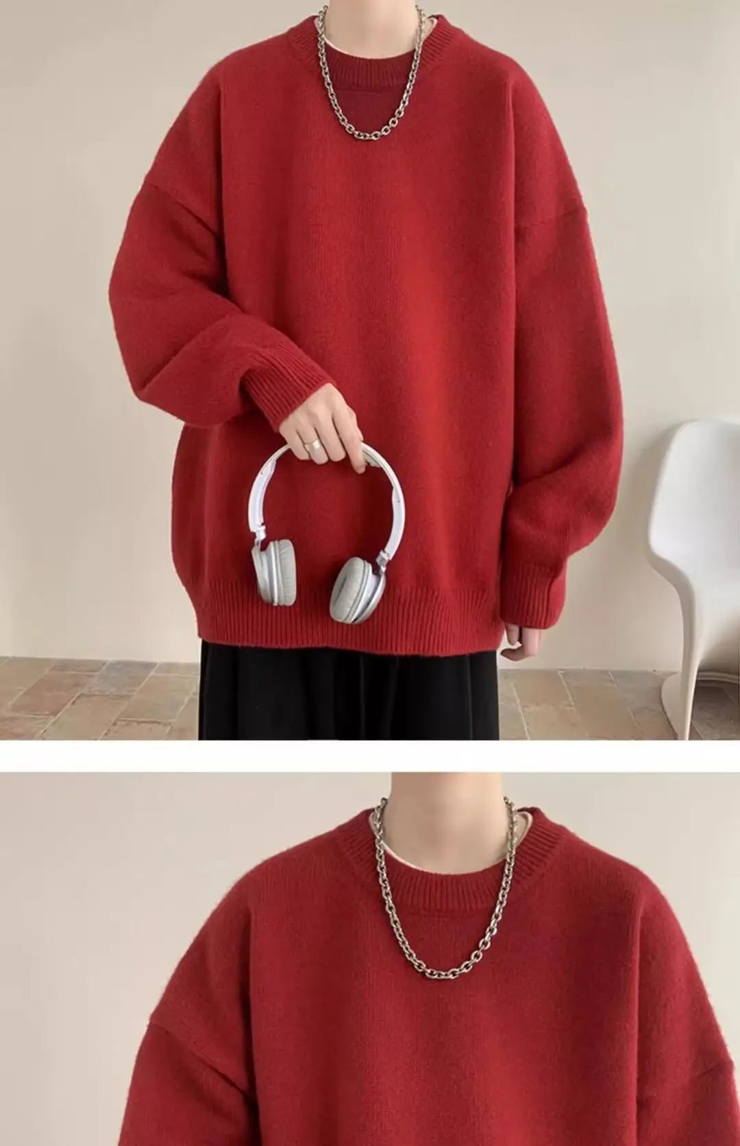 Men Red Loose Fit Crewneck Sweater with Headphones — feature 38
