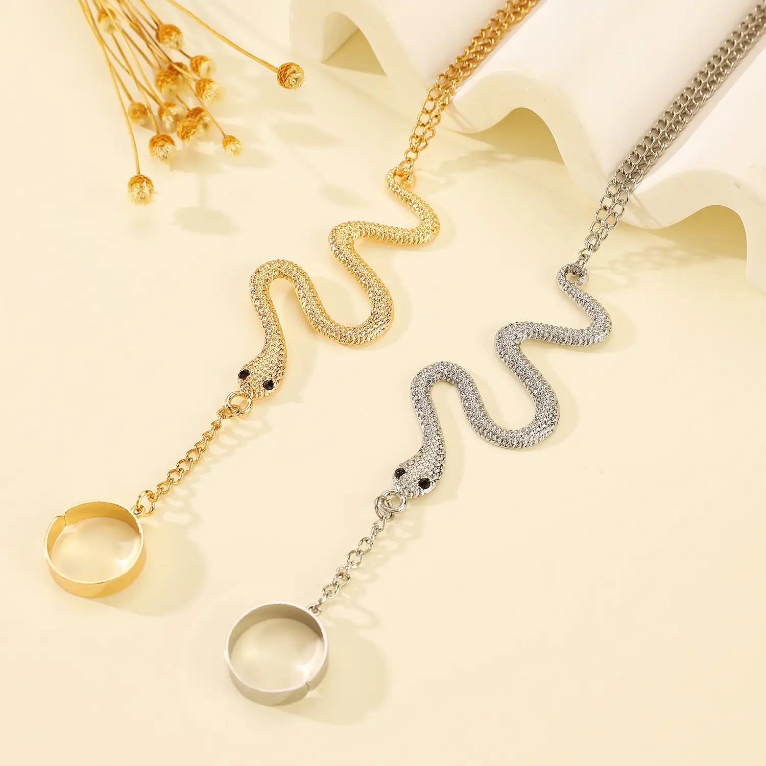 Golden Snake Spider Chain Ring Bracelet for Women