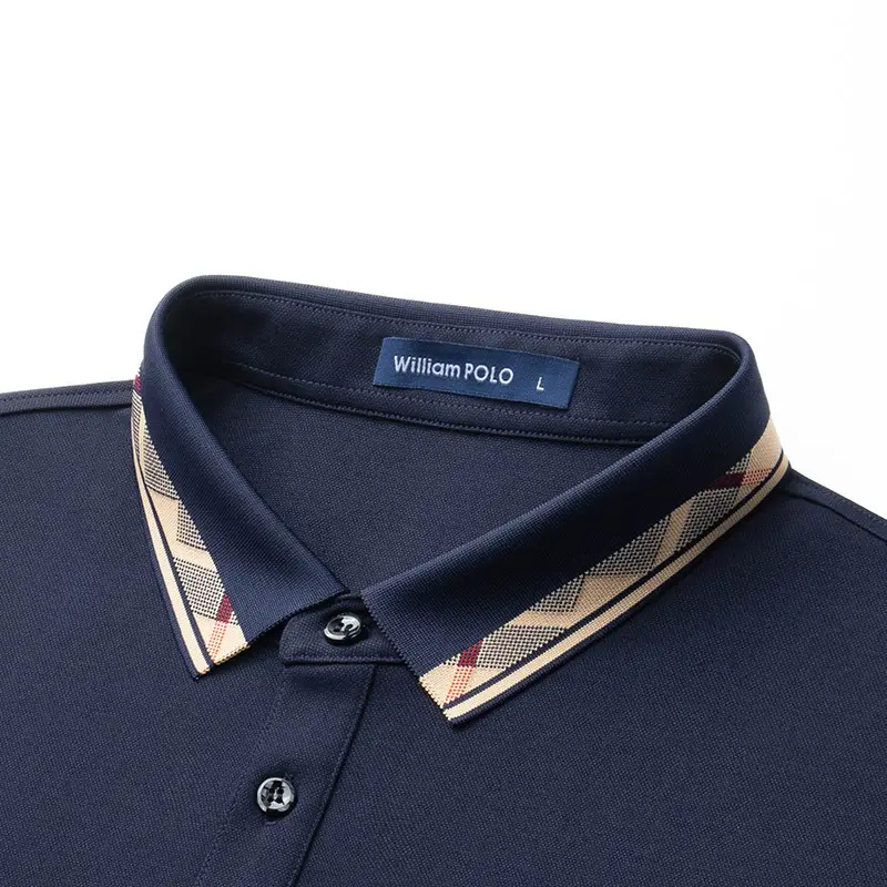 William PO Paul Men's Navy Blue Long Sleeve Polo Shirt with Plaid Pocket