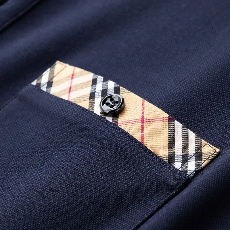 William PO Paul Men's Navy Blue Long Sleeve Polo Shirt with Plaid Pocket