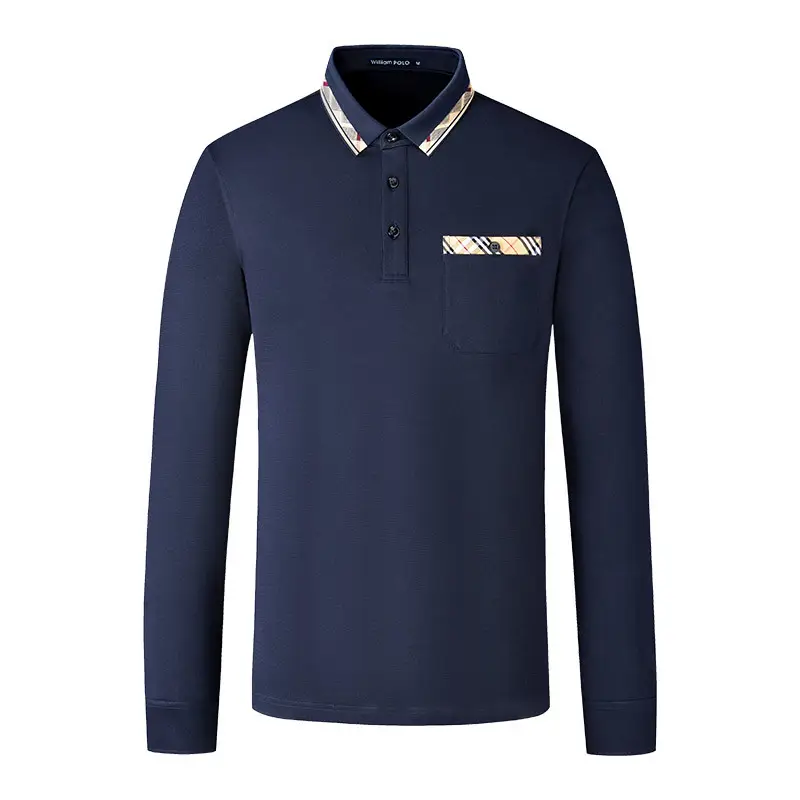 William PO Paul Men's Navy Blue Long Sleeve Polo Shirt with Plaid Pocket