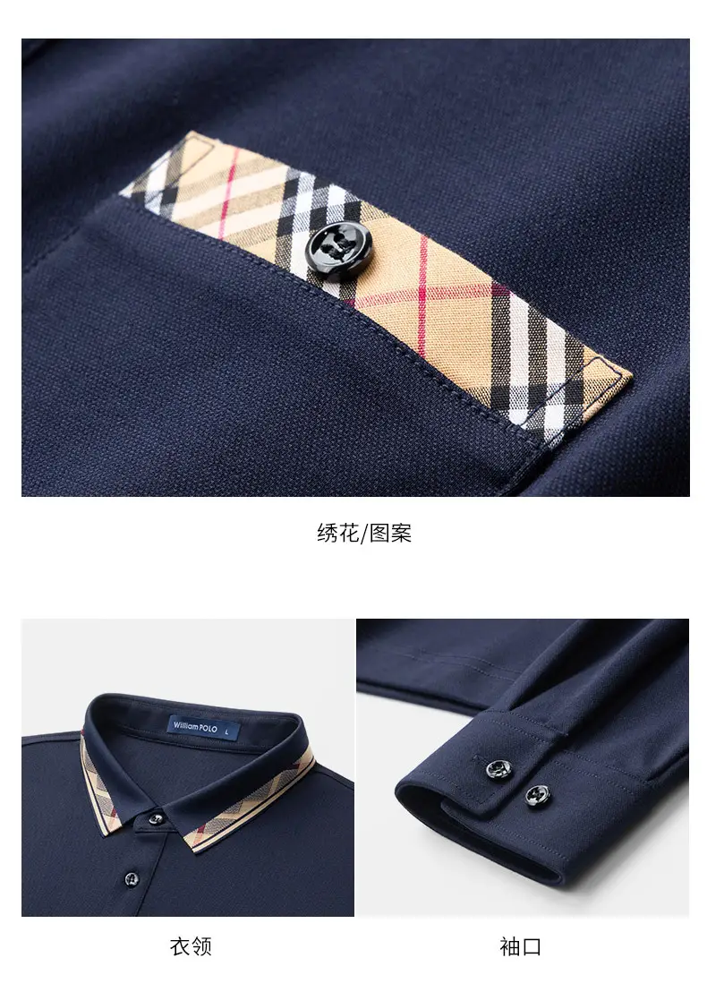 William PO Paul Men's Navy Blue Long Sleeve Polo Shirt with Plaid Pocket — feature 12