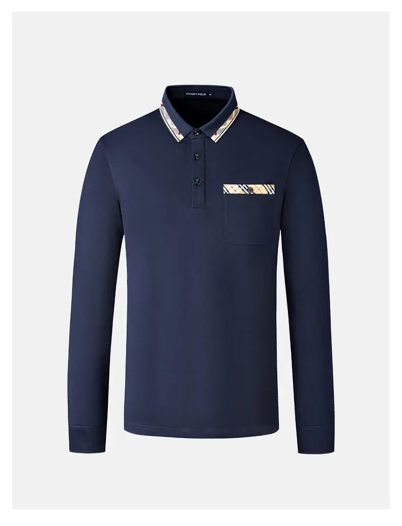 William PO Paul Men's Navy Blue Long Sleeve Polo Shirt with Plaid Pocket — feature 3