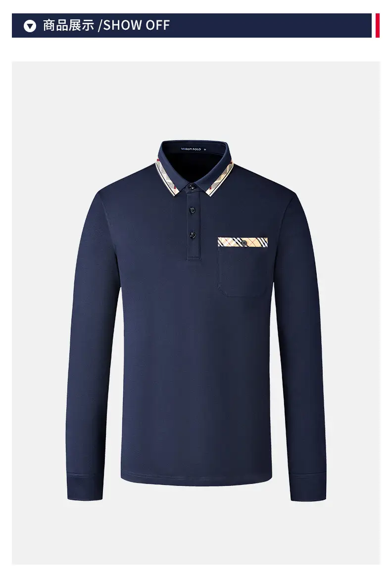 William PO Paul Men's Navy Blue Long Sleeve Polo Shirt with Plaid Pocket — feature 6