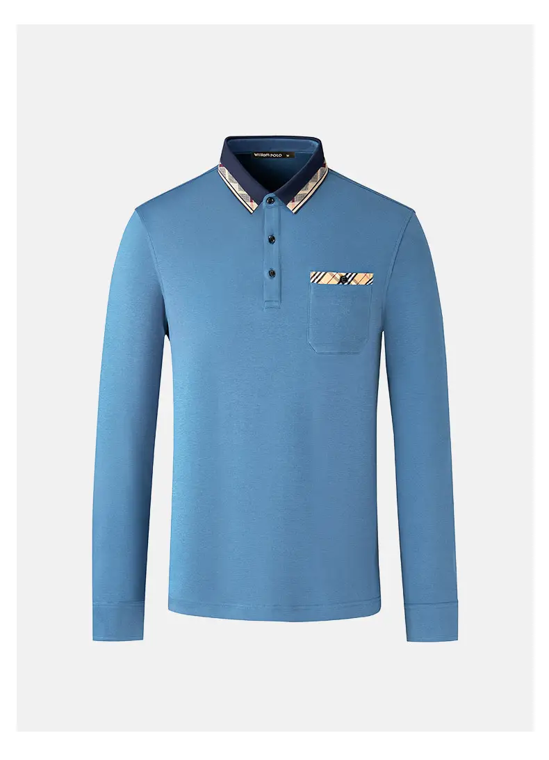 William PO Paul Men's Navy Blue Long Sleeve Polo Shirt with Plaid Pocket — feature 7