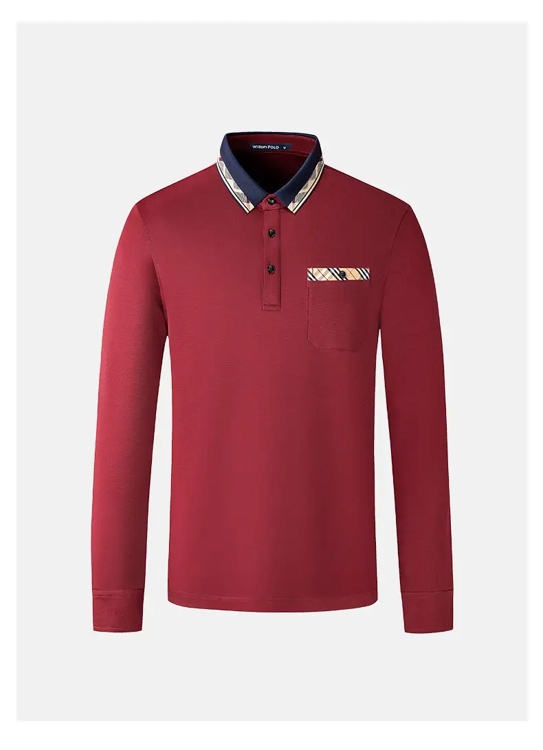 William PO Paul Men's Navy Blue Long Sleeve Polo Shirt with Plaid Pocket — feature 8