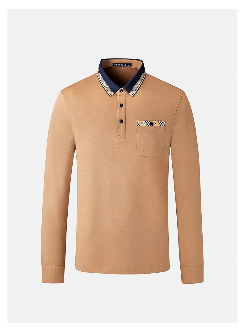 William PO Paul Men's Navy Blue Long Sleeve Polo Shirt with Plaid Pocket — feature 9