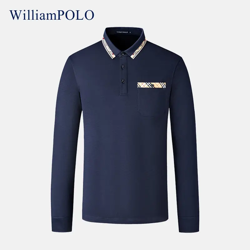 William PO Paul Men's Navy Blue Long Sleeve Polo Shirt with Plaid Pocket