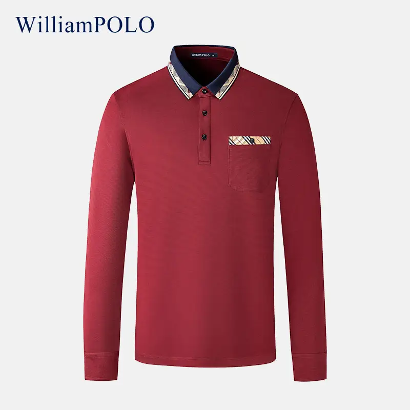 William PO Paul Men's Navy Blue Long Sleeve Polo Shirt with Plaid Pocket