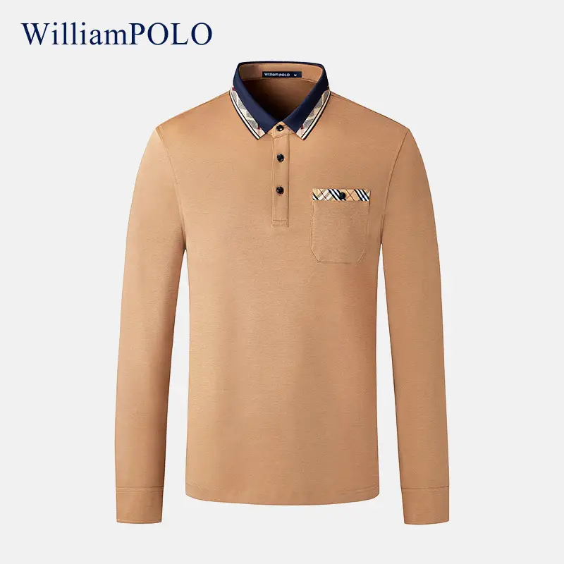 William PO Paul Men's Navy Blue Long Sleeve Polo Shirt with Plaid Pocket