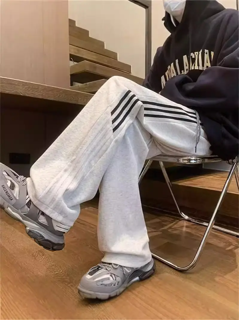 Men's Three Bar Striped Pants White Thickened Casual Winter - Image 8
