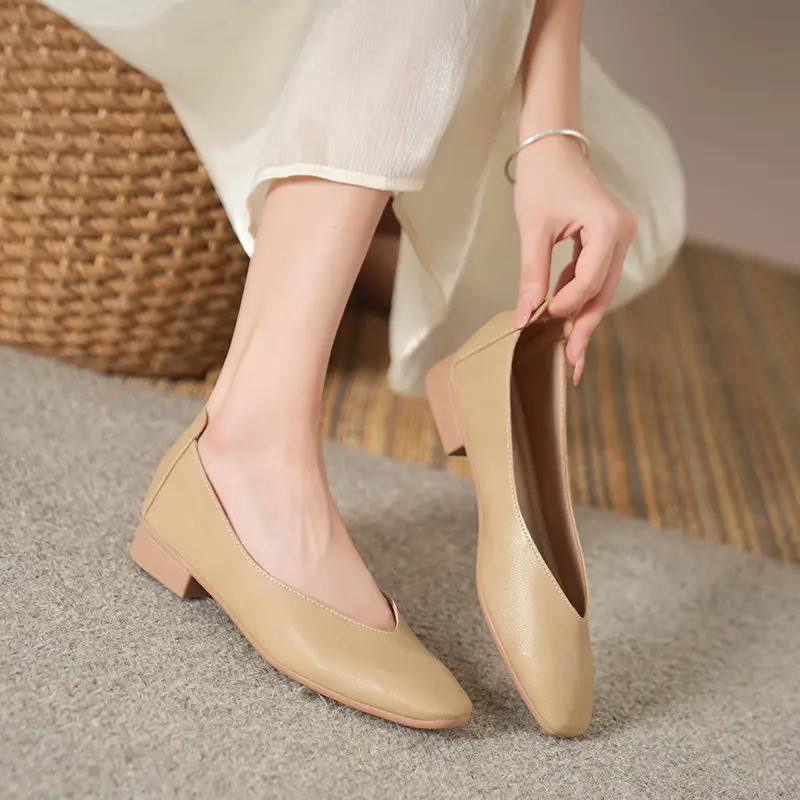 Soft Bottom New Style Comfortable Breathable Low Heeled Square Head Shallow Mouth Single-layer Shoes Women's Soft Cotton Flat Foot-free Milk Shoes for Work