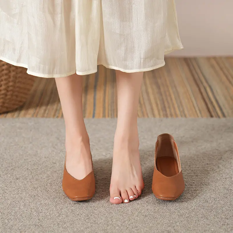 Soft Bottom New Style Comfortable Breathable Low Heeled Square Head Shallow Mouth Single-layer Shoes Women's Soft Cotton Flat Foot-free Milk Shoes for Work