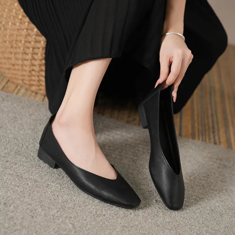 Soft Bottom New Style Comfortable Breathable Low Heeled Square Head Shallow Mouth Single-layer Shoes Women's Soft Cotton Flat Foot-free Milk Shoes for Work