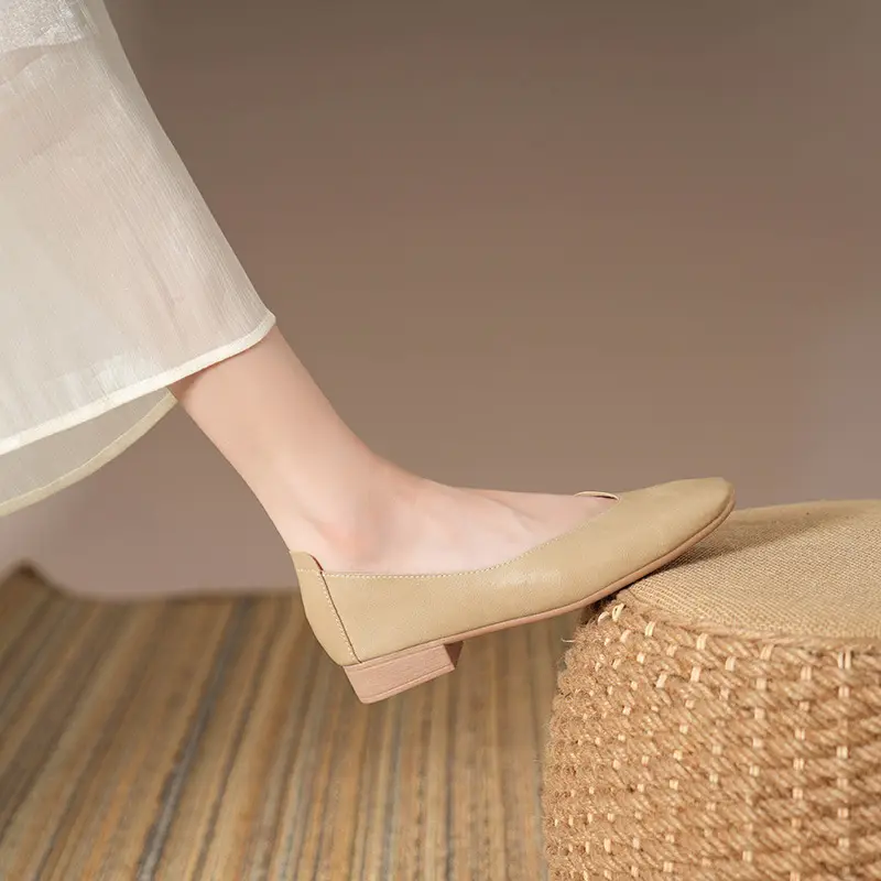 Soft Bottom New Style Comfortable Breathable Low Heeled Square Head Shallow Mouth Single-layer Shoes Women's Soft Cotton Flat Foot-free Milk Shoes for Work