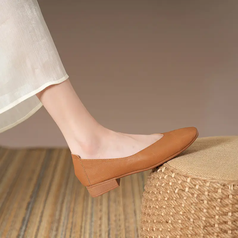 Soft Bottom New Style Comfortable Breathable Low Heeled Square Head Shallow Mouth Single-layer Shoes Women's Soft Cotton Flat Foot-free Milk Shoes for Work